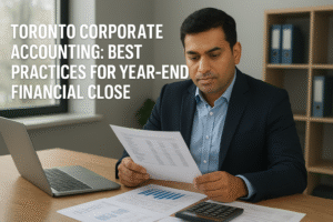 Business owner reading year end financial report