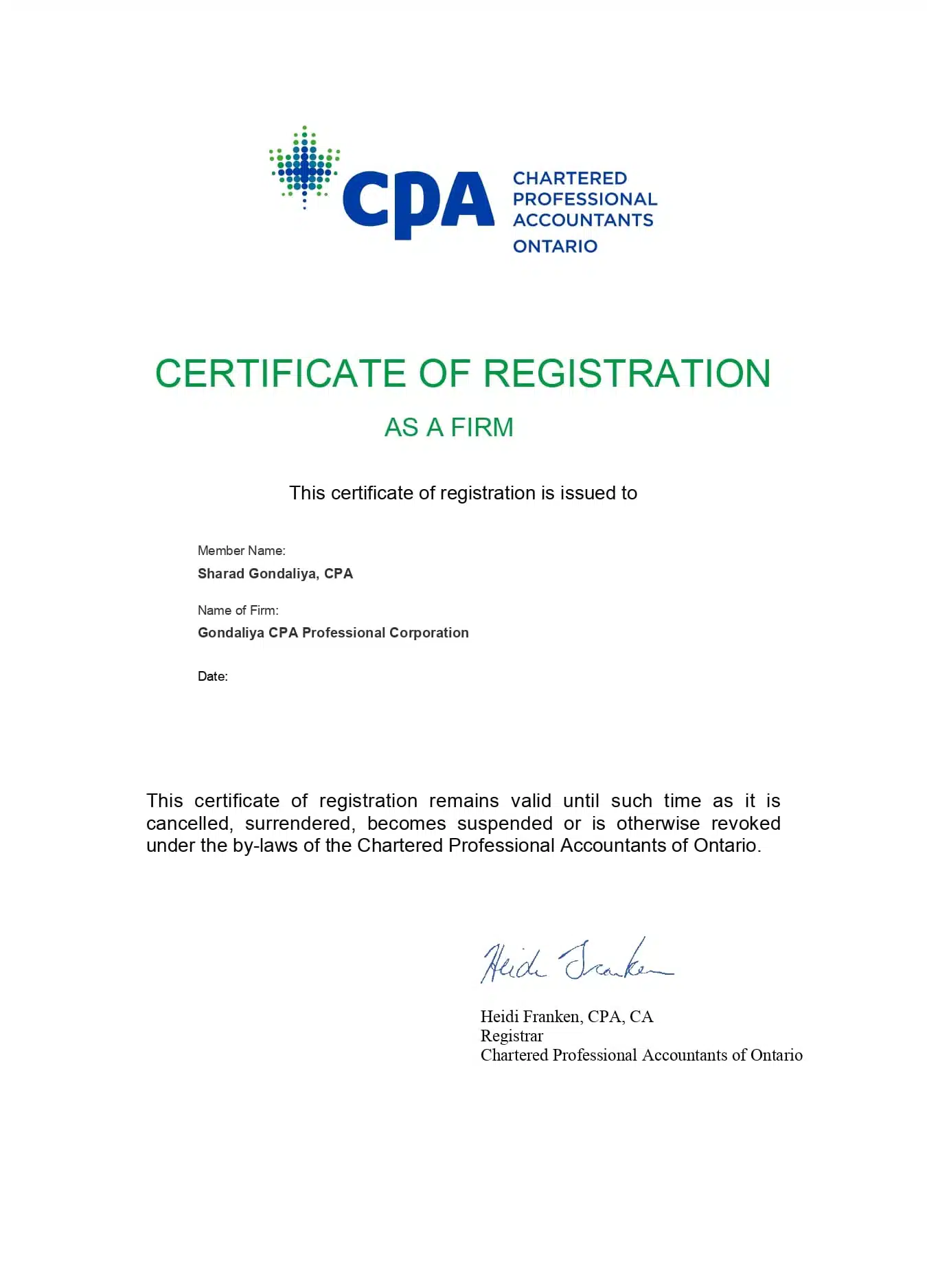 CPA firm license for Gondaliya CPA (License 61330051), Toronto