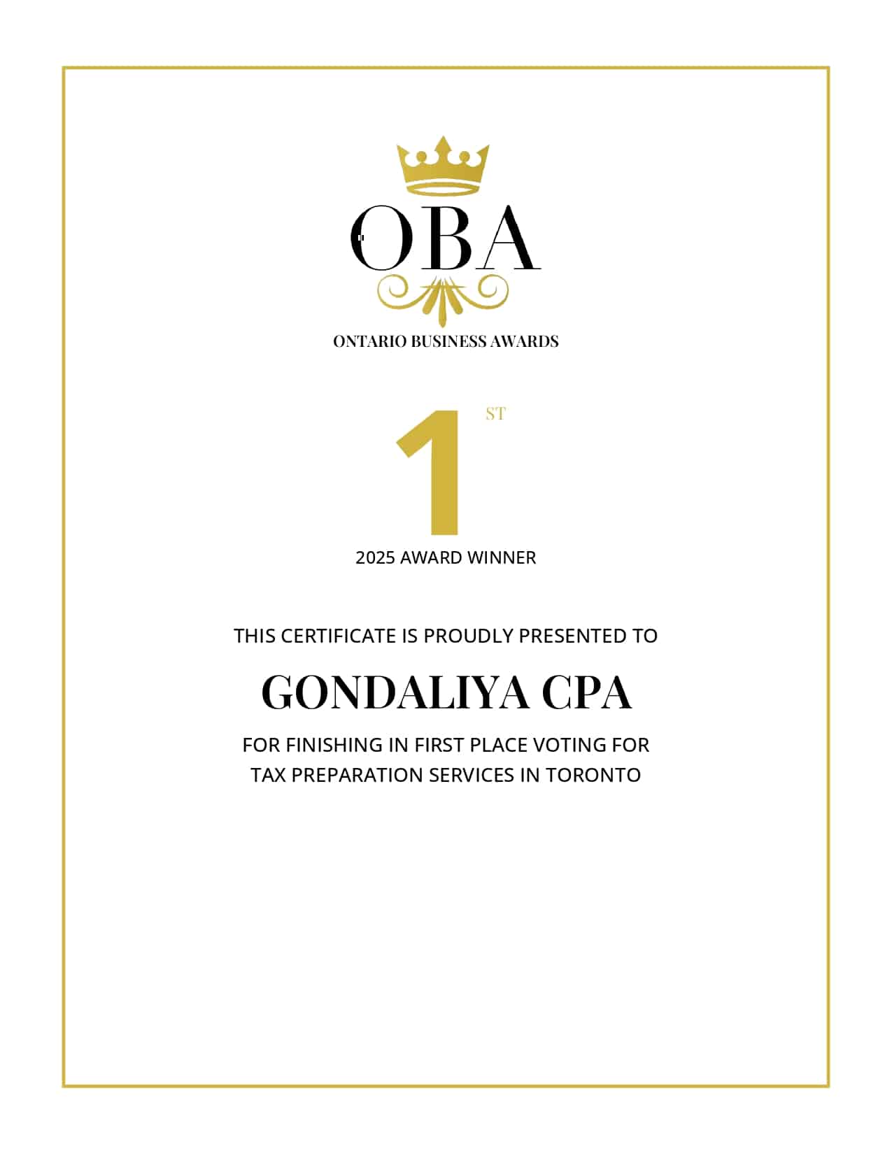 Ontario Business Awards Winner certificate for Gondaliya CPA