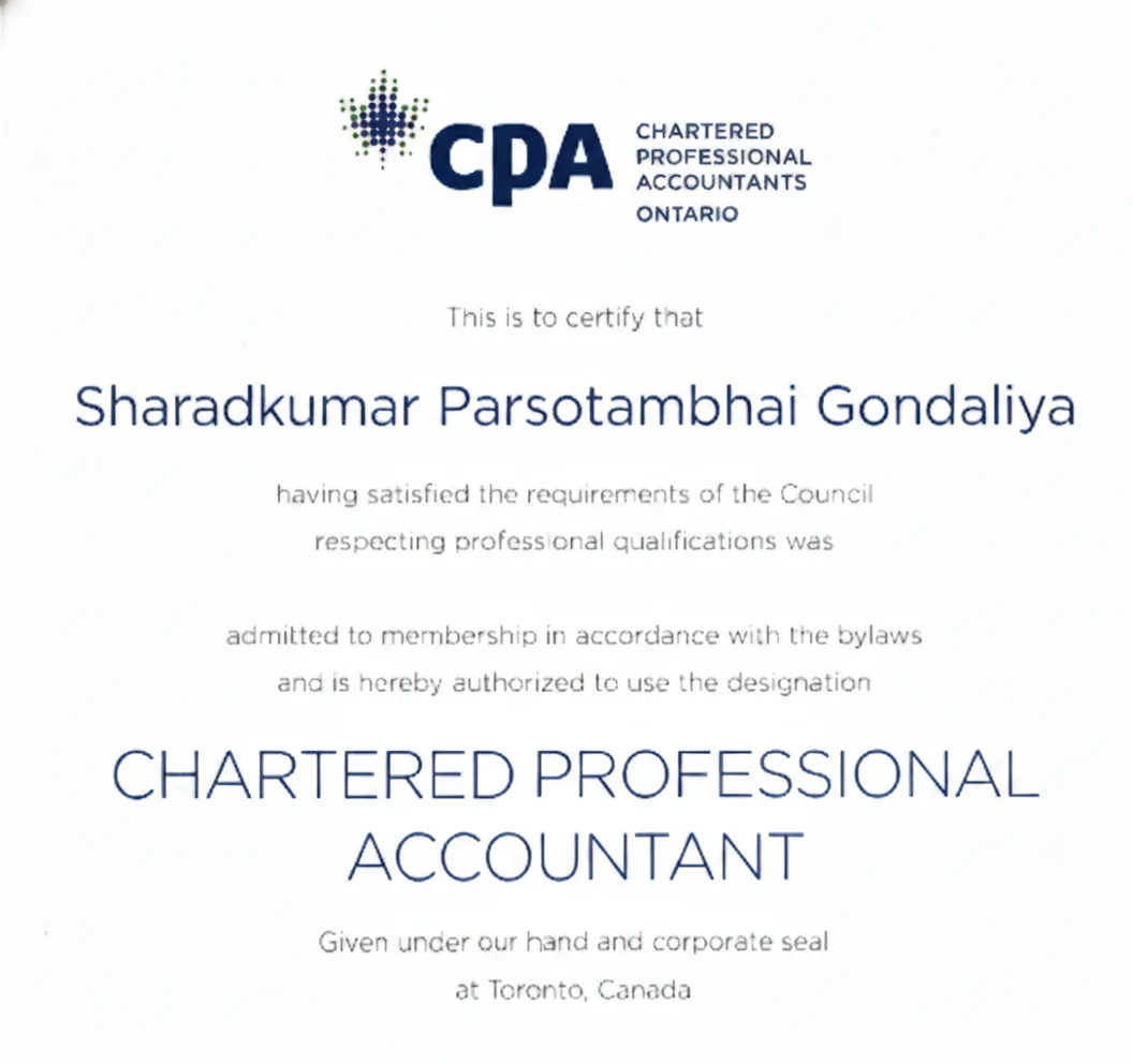 CPA Ontario license for Sharadkumar Gondaliya (License 61040184), Toronto