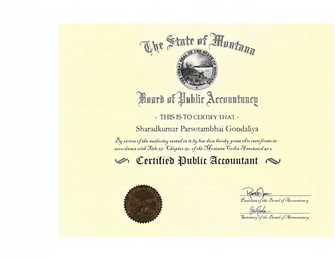 Montana CPA license for Sharadkumar Gondaliya (PAC-CPAP-LIC-033176)