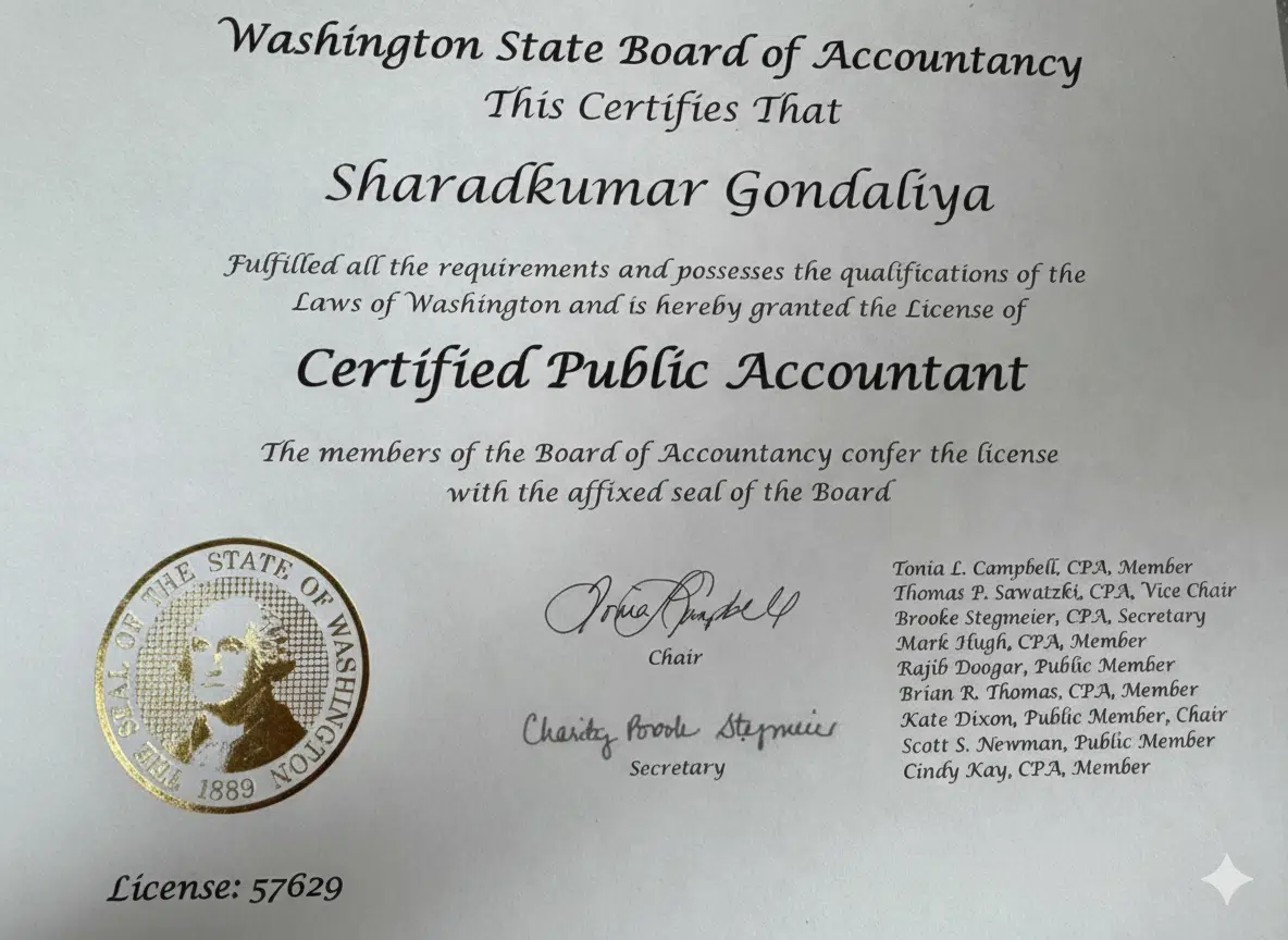 Washington State CPA license for Sharadkumar Gondaliya (License 57629)