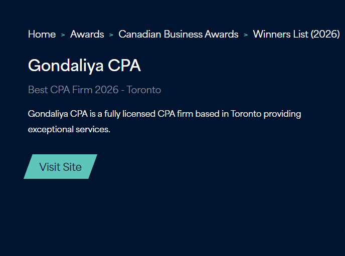 Canadian Business Awards 2026 Winner certificate for Gondaliya CPA