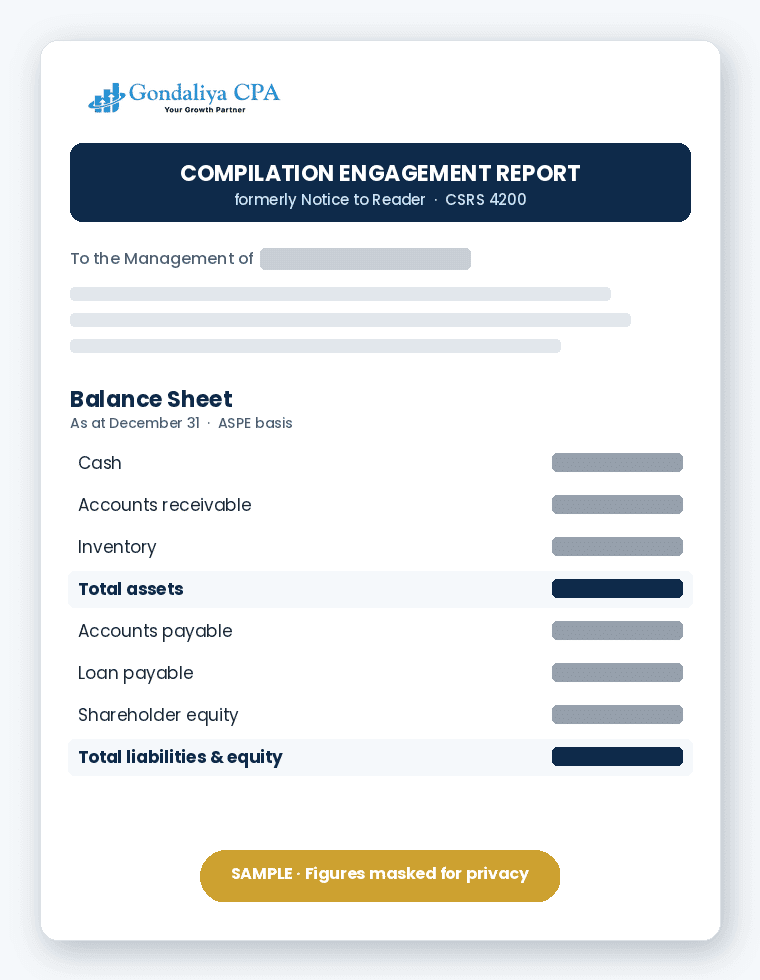 Sample CPA compilation report deliverable with figures masked