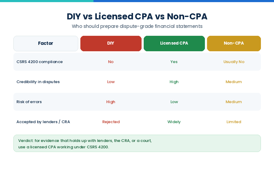 How CPA Compilation Reports Help Resolve Shareholder Disputes and Financial Conflicts Comparison of DIY versus licensed CPA versus non-CPA provider for shareholder dispute financial statements