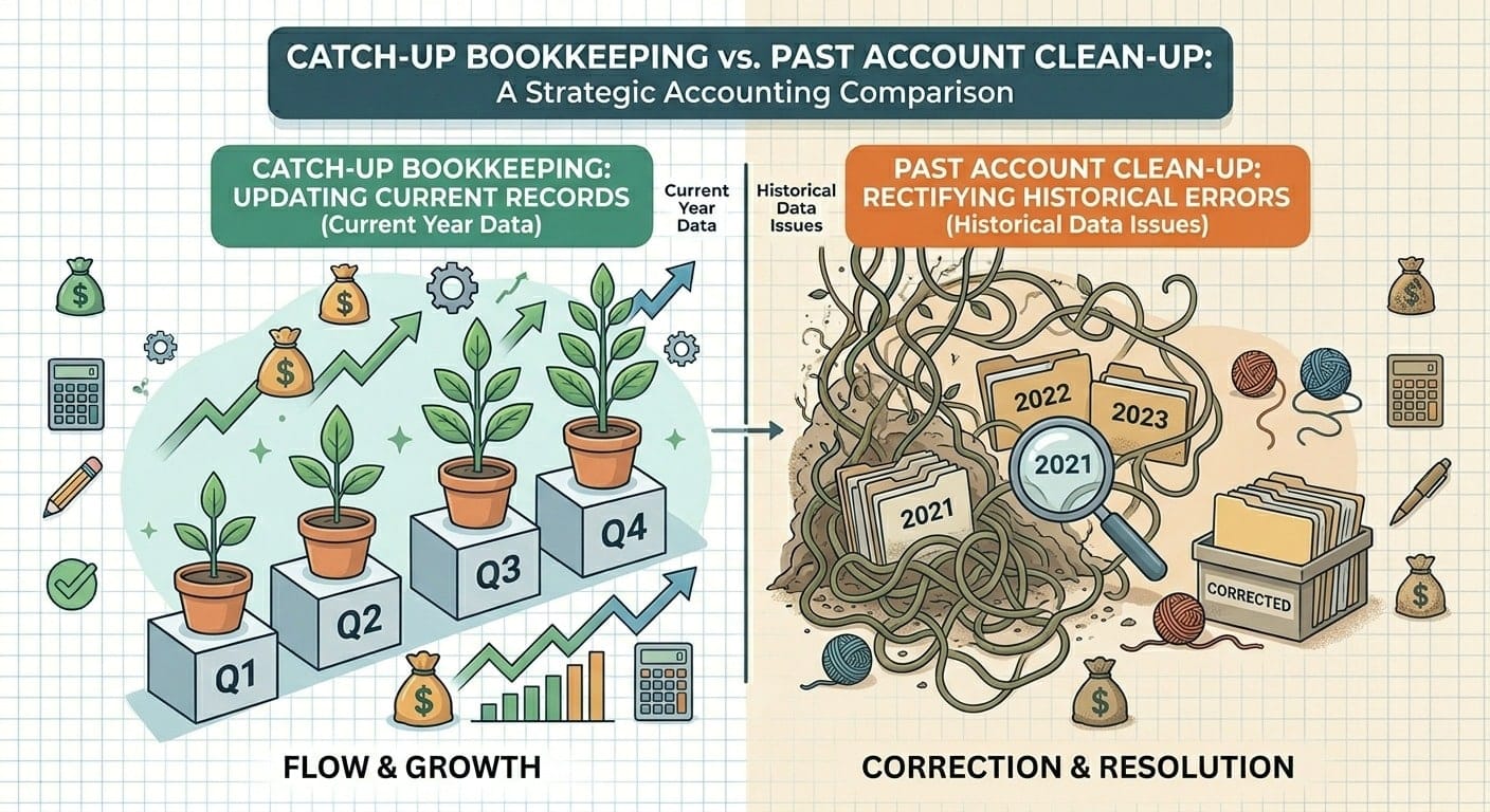 Catch-Up Bookkeeping vs Past Account Clean-Up: What Your Business Really Needs Catch-up bookkeeping vs past account cleanup comparison by Gondaliya CPA