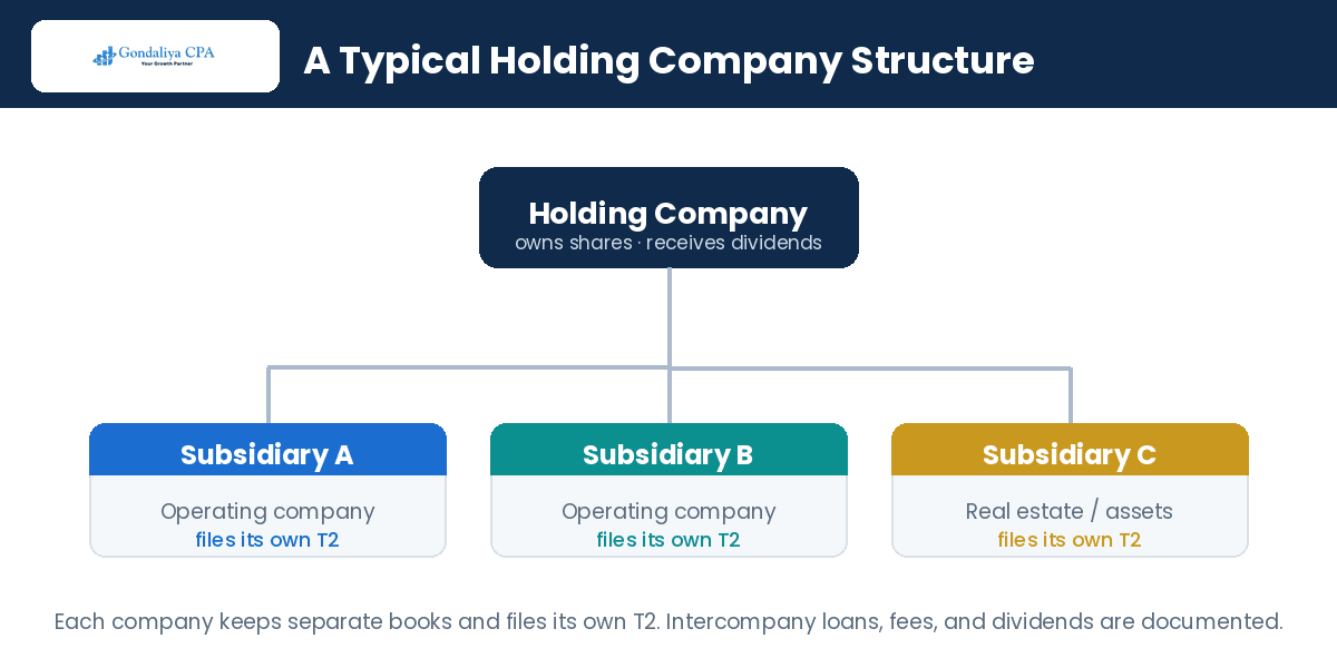 How Multi-Corporation Businesses Should Handle Year-End Accounting and T2 Filings in Canada Holding company and subsidiaries corporate group structure in Canada