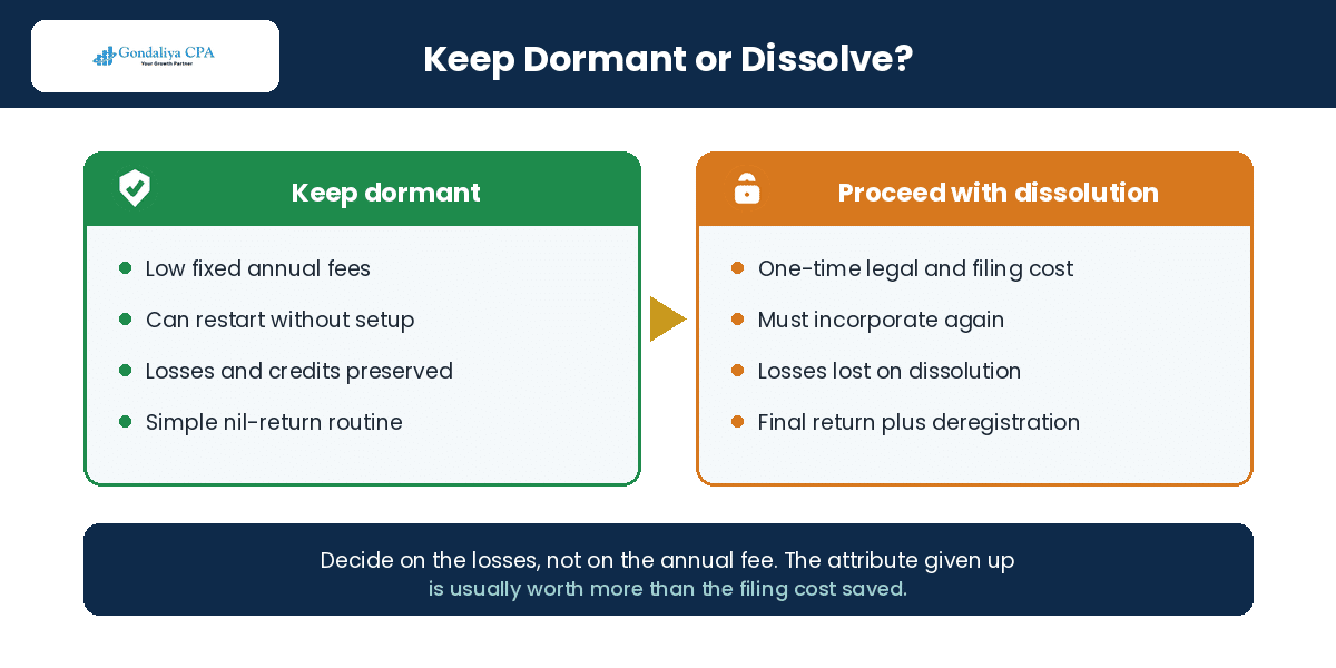 Keeping a corporation dormant compared with dissolving it in Canada