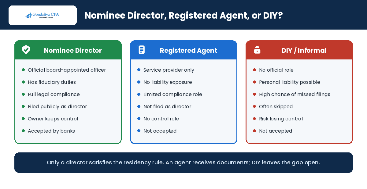 Nominee director compared with a registered agent and a DIY approach