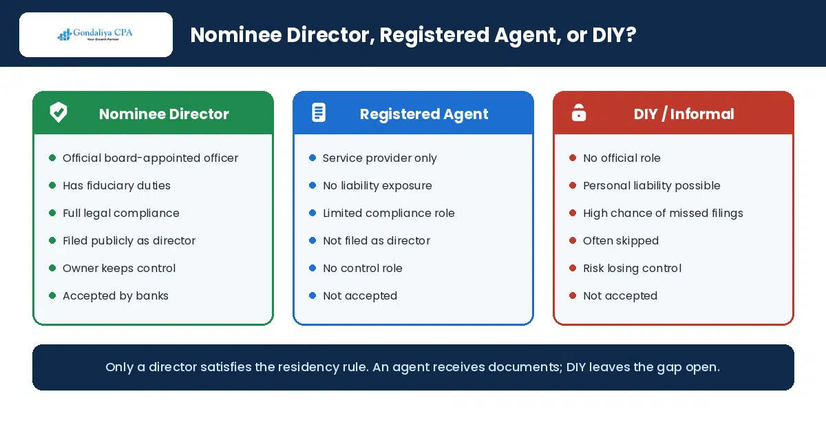 Nominee director compared with a registered agent and a DIY approach