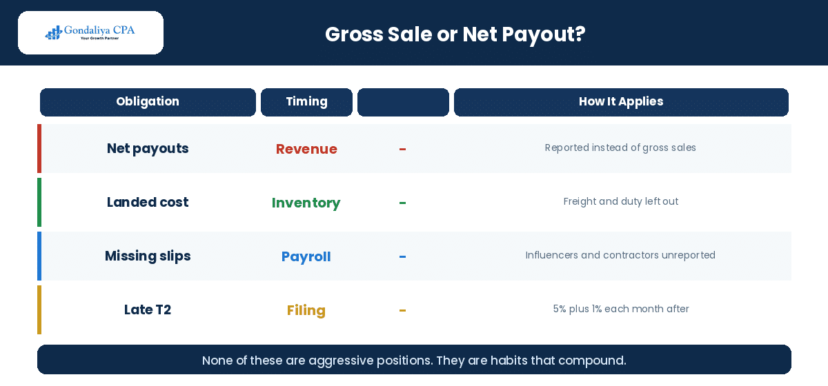 Gross sale versus net platform payout for a Canadian apparel brand