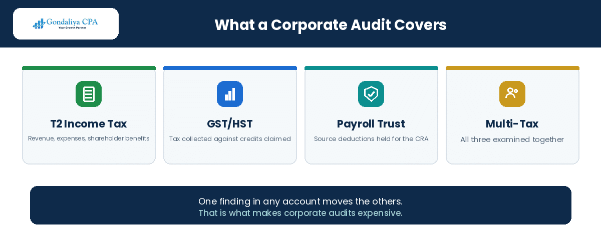 The three CRA accounts examined in a corporate audit: T2, GST/HST and payroll