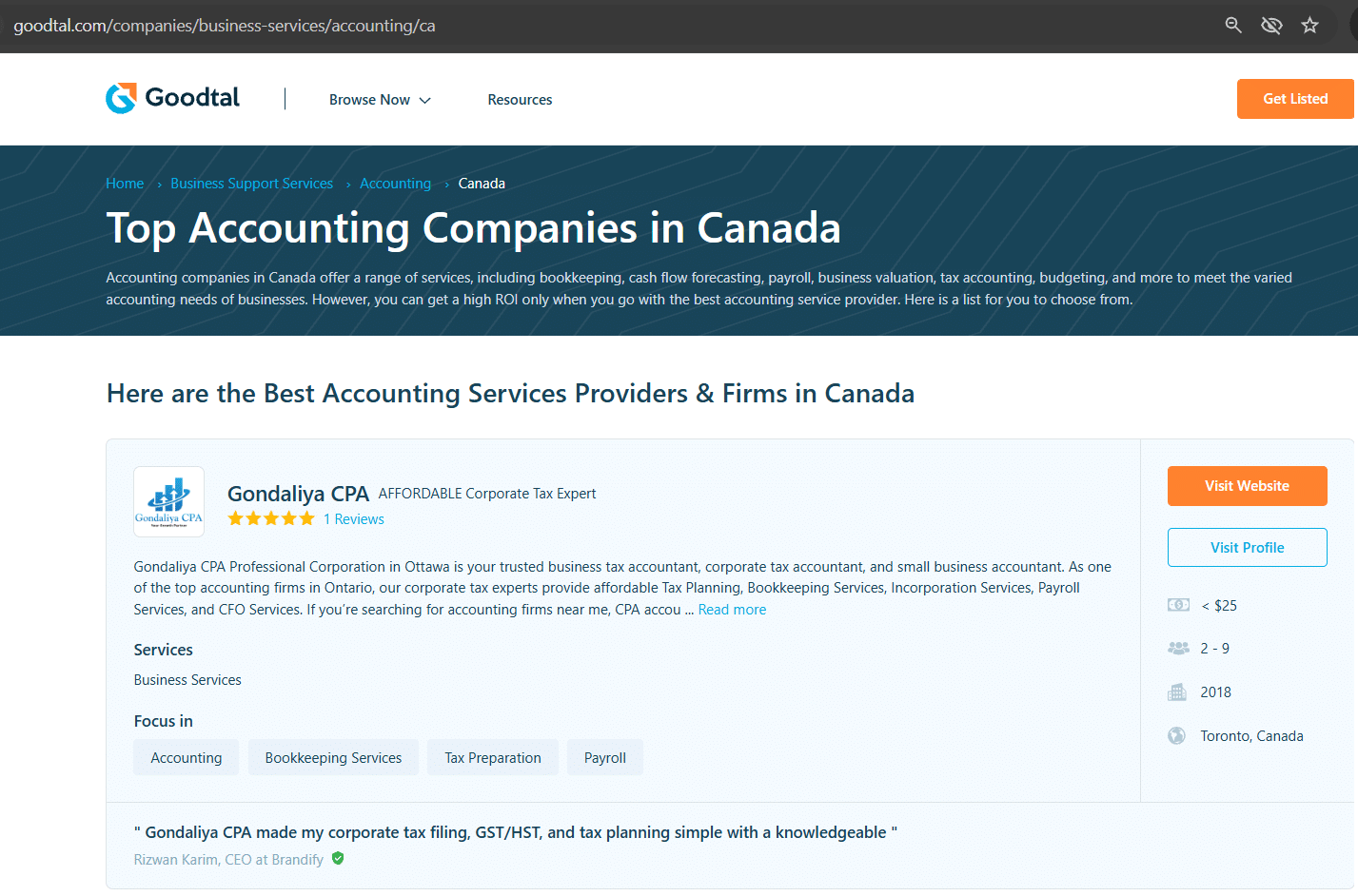 Goodtal Accounting Companies in Canada recognition for Gondaliya CPA