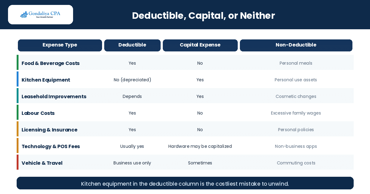 Restaurant expense categories showing deductible, capital and non-deductible treatment