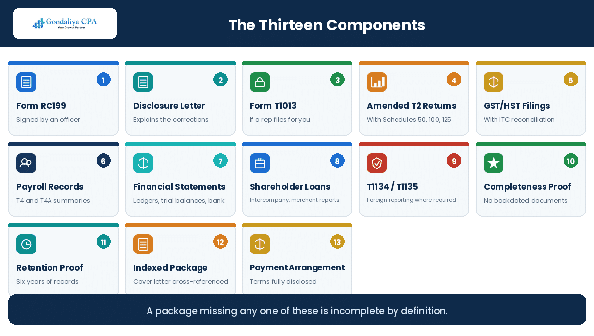 The thirteen components of a complete corporate VDP document package