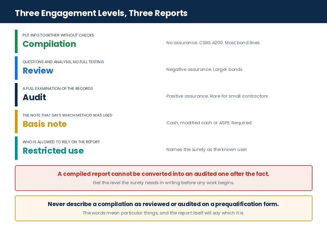 The three CPA engagement levels and the assurance each one provides for a Canadian surety bond line