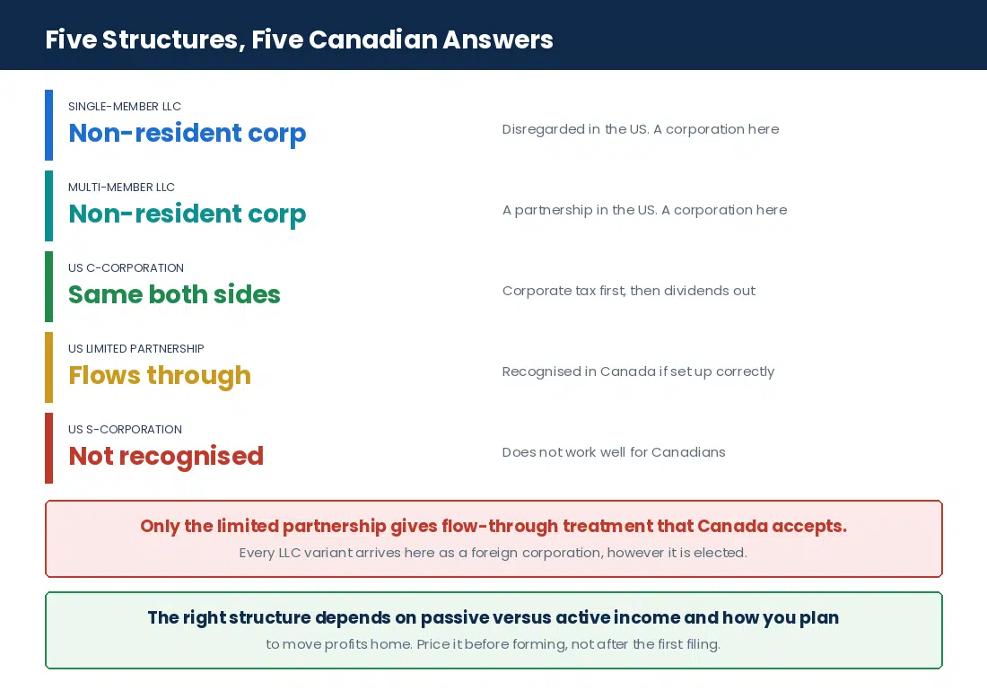 How a Canadian owner is taxed under each US entity type, from LLC to C-corporation to limited partnership